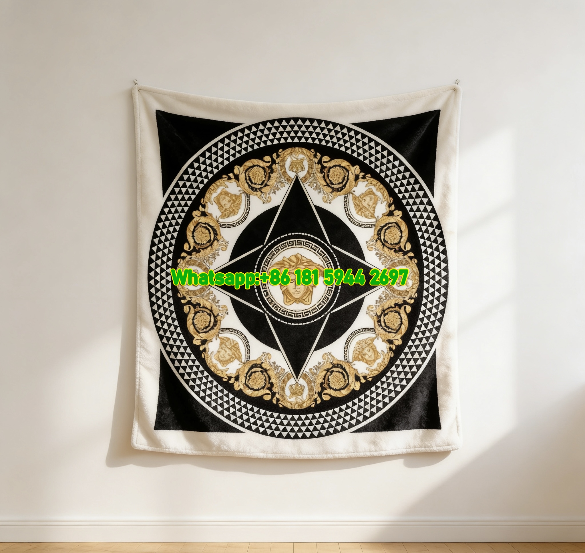 Versace Black White Gold Medusa Head Print Flannel Sofa Throw Blanket IMG_1331